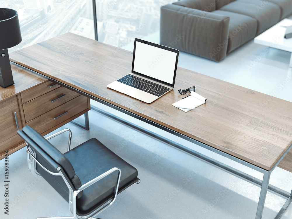 Poster office interior with blank computer monitor. 3d rendering