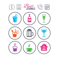 Coffee, tea icons. Alcohol drinks signs.