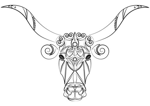 Decorative Indian bull head. Talisman, an animal tattoo. Bull with big horns. Printing on clothes, fabrics. Design element, emblem, poster, tattoo. Vector illustration.