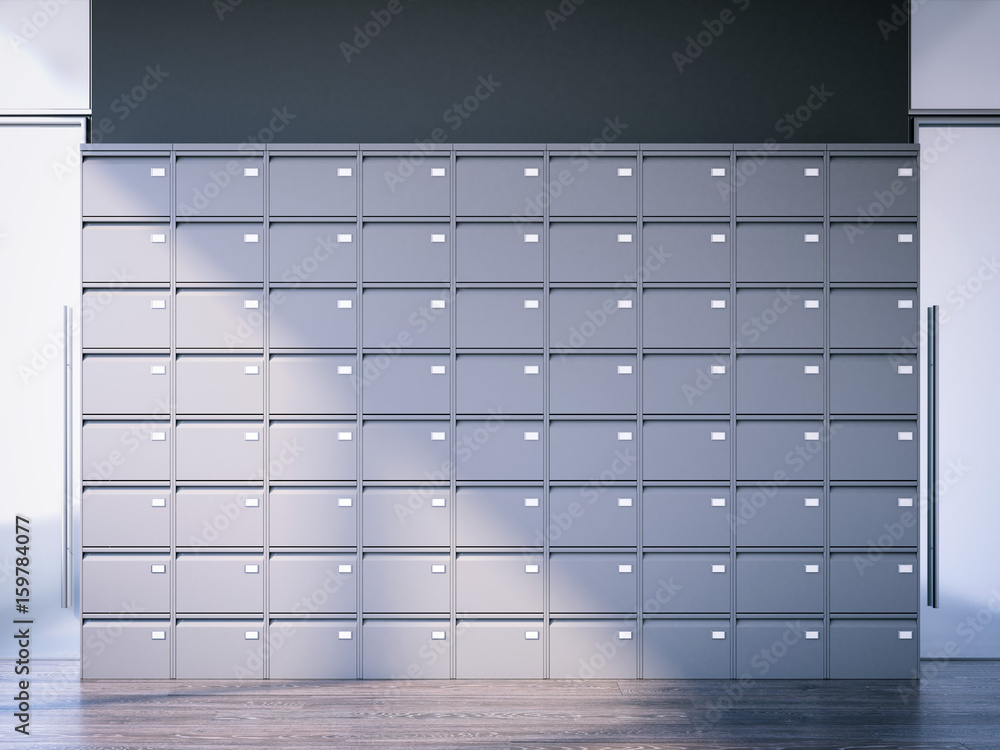 Poster closed filing cabinet in interior. 3d rendering