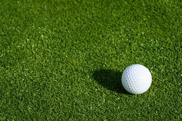 Side view of golf ball on a putting green
