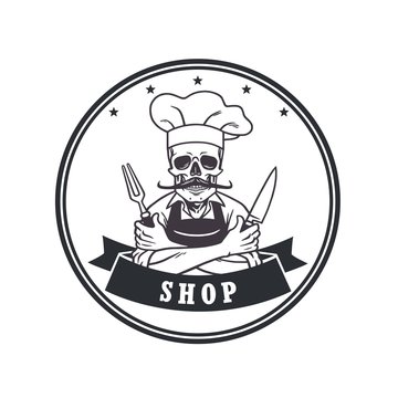 Dead Skull Chef Grinning with Fork, Knive, and Hat. Restaurant Logo Template. Circle Vector Drawing