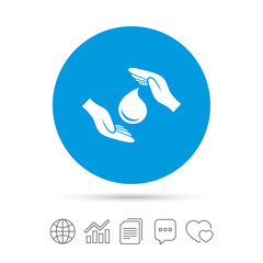 Save water sign icon. Hands protect water drop.