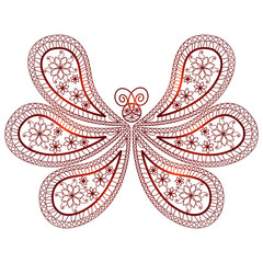 Butterfly. Oriental paisley pattern. Ornament in the form of a butterfly red with backlight on a white background. Stylized Butterfly. Indian ornament. Can be used as a print on clothes, a T-shirt.