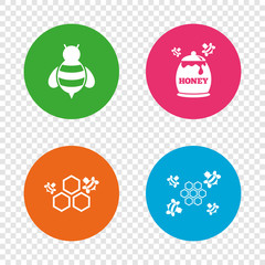 Honey icon. Honeycomb cells with bees symbol.