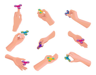 Set of hands holding, playing and making tricks with fidget spinner, isometric vector illustration with colorful anti-stress toys or gadgets - 159786819