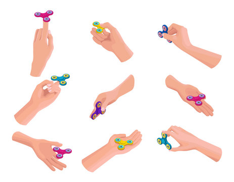 Set of hands holding, playing and making tricks with fidget spinner, isometric vector illustration with colorful anti-stress toys or gadgets