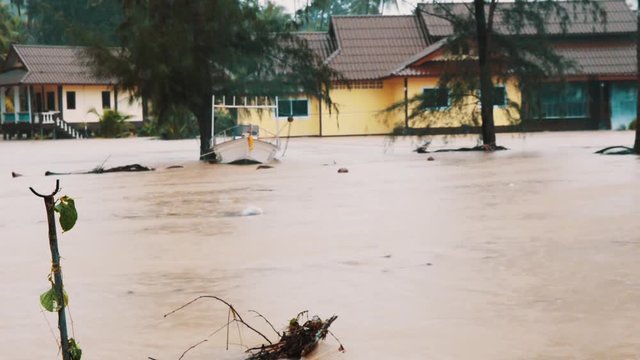 Flooding in suburbs area, yellow houses under water, boat ner tree, strong rain, fast dirty water flowing