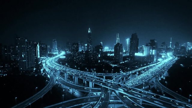 time lapse,Aerial View of freeway busy city rush hour heavy traffic jam highway,shanghai Yan'an East Road Overpass interchange,driving racing by with streaking lights trail with super long exposures.