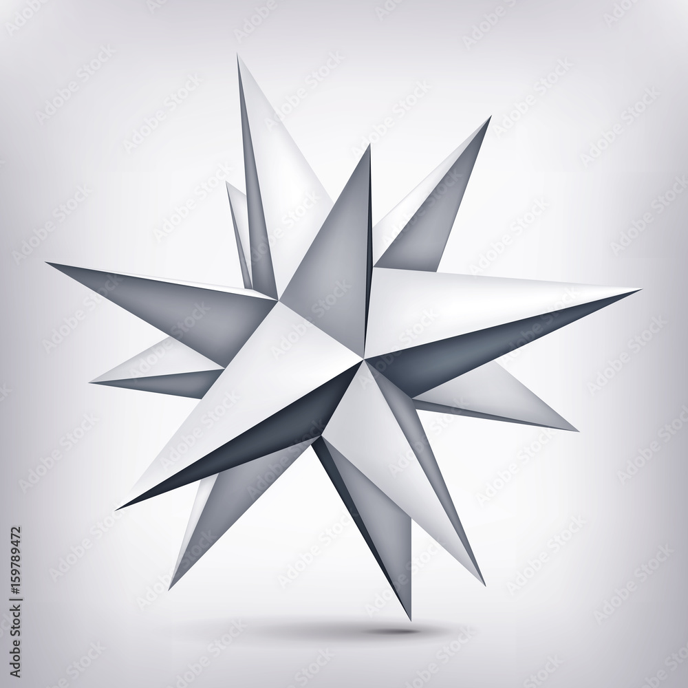 Poster volume polyhedron gray star, 3d object, geometry shape, mesh version, abstract vector element