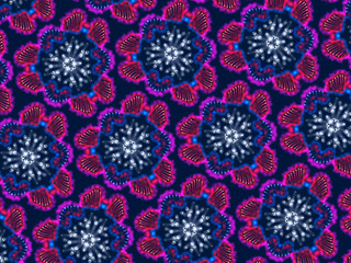 A hand drawing pattern made of blue, fuchsia, red ans white on a black background.