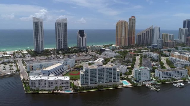 Aerial video of Sunny Isles Beach condominiums and shopping plazas