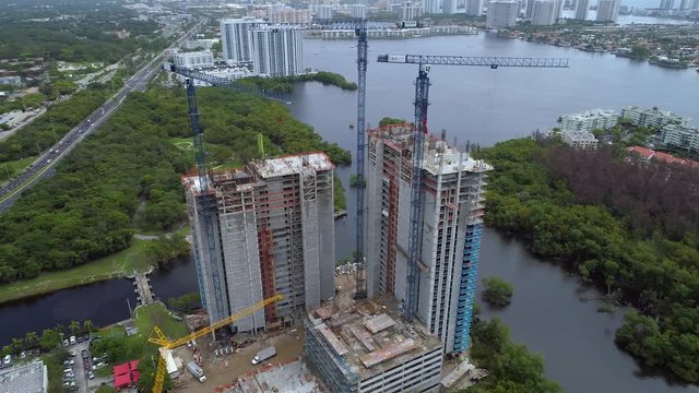 Drone orbit aerial footage construction site