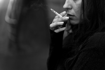 Fototapeta premium Homeless Adult Woman Smoking Cigarette Addiction