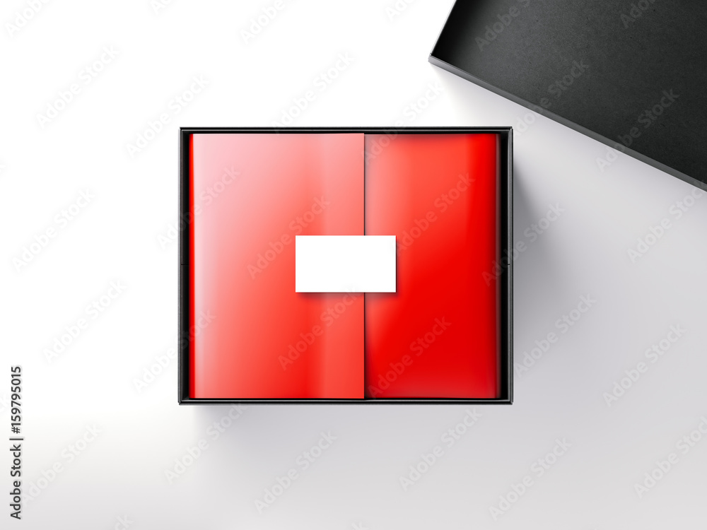 Poster black box with red wrapping paper and business card. 3d rendering