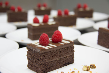  Chocolate layered cake topped with  raspberry