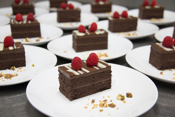  Chocolate layered cake topped with  raspberry
