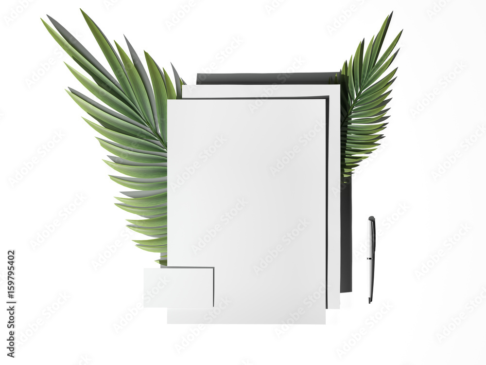 Poster white branding mockup with palm leaf. 3d rendering