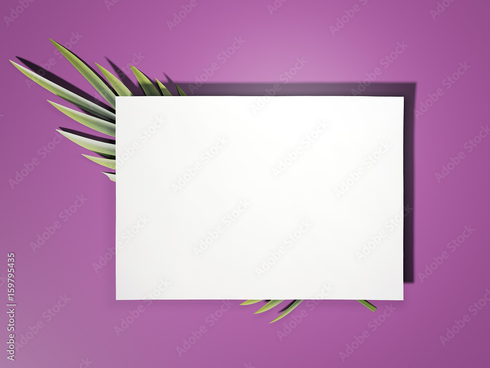 Poster white paper sheet with pal leaf. 3d rendering