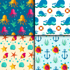 Fototapeta na wymiar Seamless vector patterns with nautical elements wave marine collection paper sea background