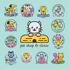 Pet badge vector graphic sticker set domestic insignia cat dog veterinary animal sticker illustration