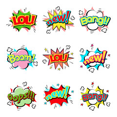 Pop art comic speech bubble boom effects vector explosion bang communication cloud fun humor illustration