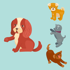 Vector illustration cute playing dogs characters funny purebred puppy comic happy mammal breed