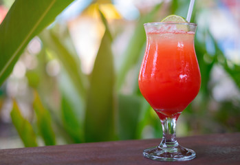 Refreshing summer drink with orange juice and lemon sliced in glasses on the wooden table. Beverage in the garden on blur green nature background . (Punch Menu)