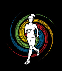Running woman, sport woman sprinter, marathon runner designed on spin wheel background graphic vector