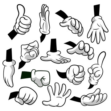 Cartoon hands with gloves icon set isolated on white background. Vector clipart - parts of body, arms in white gloves. Hand gesture collection. Design templates in EPS8.