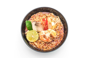 Spicy instant noodles soup with shrimp