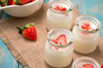 Strawberry Yoghurt. Healthy food with Strawberries and yoghurt breakfast on table.