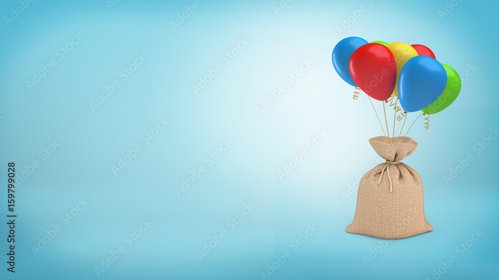 Poster 3d rendering of a big full sack tied with a piece of rope and attached to a bundle of colorful ballo
