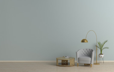 Living room with armchair, plant and floor lamp, light blue wall Background, 3D rendering.