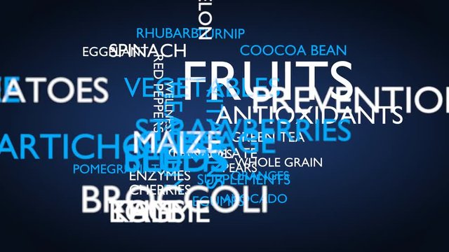 Antioxidants, fruits, vegetables word tag cloud. Loop able, blue variant. UHD.
