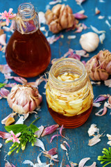 Healthy food, garlic in bee honey