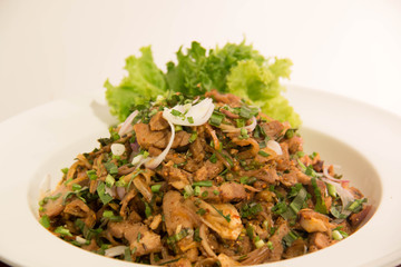  pork spicy  salad on white plate