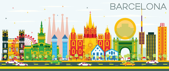 Barcelona Skyline with Color Buildings and Blue Sky.
