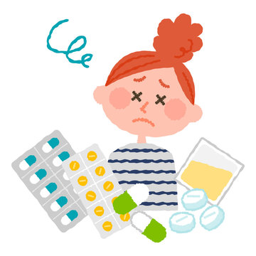 vector illustration of a woman who are tired of many medicines