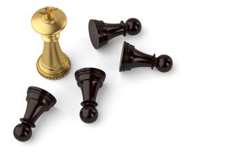 Luxury chess gold king and black pawns on white background.3D illustration.