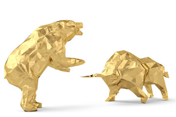 Golden bull with bear on a white background 3d illustration.