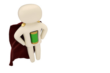 Green battery superhero on white background 3d illustration.