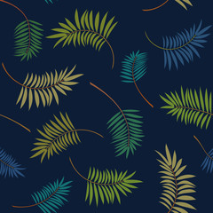 Colorful palm leaves on the dark blue background. Vector trendy seamless pattern. Tropical illustration. Jungle foliage.