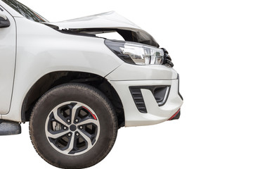 Front of white pickup car get damaged by accident on the road. Isolated on white. Saved with...