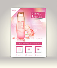 Flyer, brochure or magazine cover template. Cosmetic ads poster.3D Realistic shampoo bottle with roses and petals on the pink glowing background, vector illustration