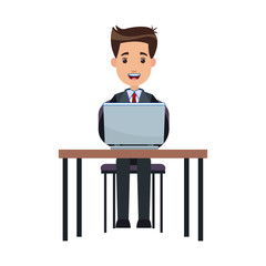 business man sitting working laptop desk vector illustration
