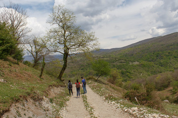 Fototapeta na wymiar Travelers travel on the road in mountains go trekking Countryside, village - mountains, Clouds