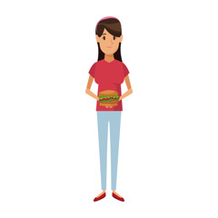 woman holding burger unhealthy nutrition food vector illustration