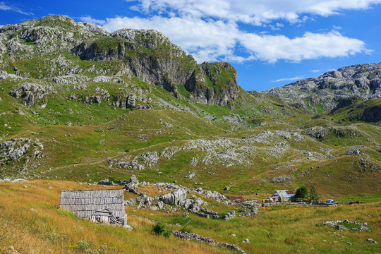 View of family farm on countryside near Rikavacko lake in Komovi mountains, Montenegro