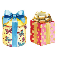 Watercolor birthday gift box illustration. Wrapped gift boxes with a ribbon.